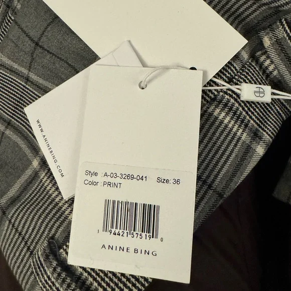 Anine Bing Carrie Pants GREY PLAID Women’s Size 36